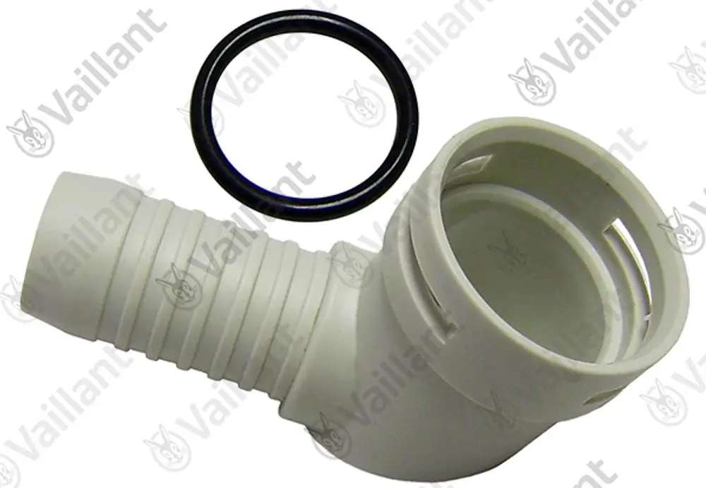 Vaillant Adapter in einer gebogenen Form mit einer schwarzen Dichtung. Der Adapter hat eine glatte Oberfläche und ist für Verbindungselemente in Heizungsanlagen konzipiert.